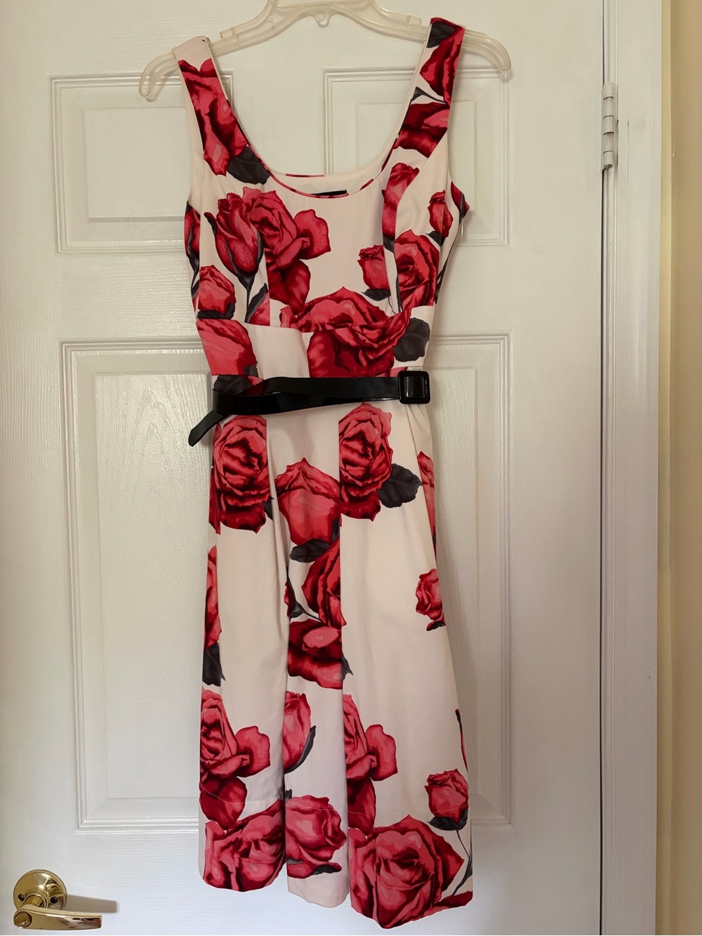 White House Black Market Cream Midi Dress with Red Rose Print